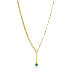 Hot Zinzi gold plated zilveren Y-collier met subtiele schakels, bungelend groene ronde kleursteen 42-45cm ZIC2660G