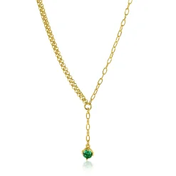 Hot Zinzi gold plated zilveren Y-collier met subtiele schakels, bungelend groene ronde kleursteen 42-45cm ZIC2660G