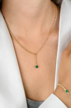 Hot Zinzi gold plated zilveren Y-collier met subtiele schakels, bungelend groene ronde kleursteen 42-45cm ZIC2660G