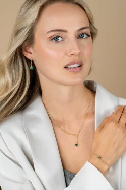 Hot Zinzi gold plated zilveren Y-collier met subtiele schakels, bungelend groene ronde kleursteen 42-45cm ZIC2660G