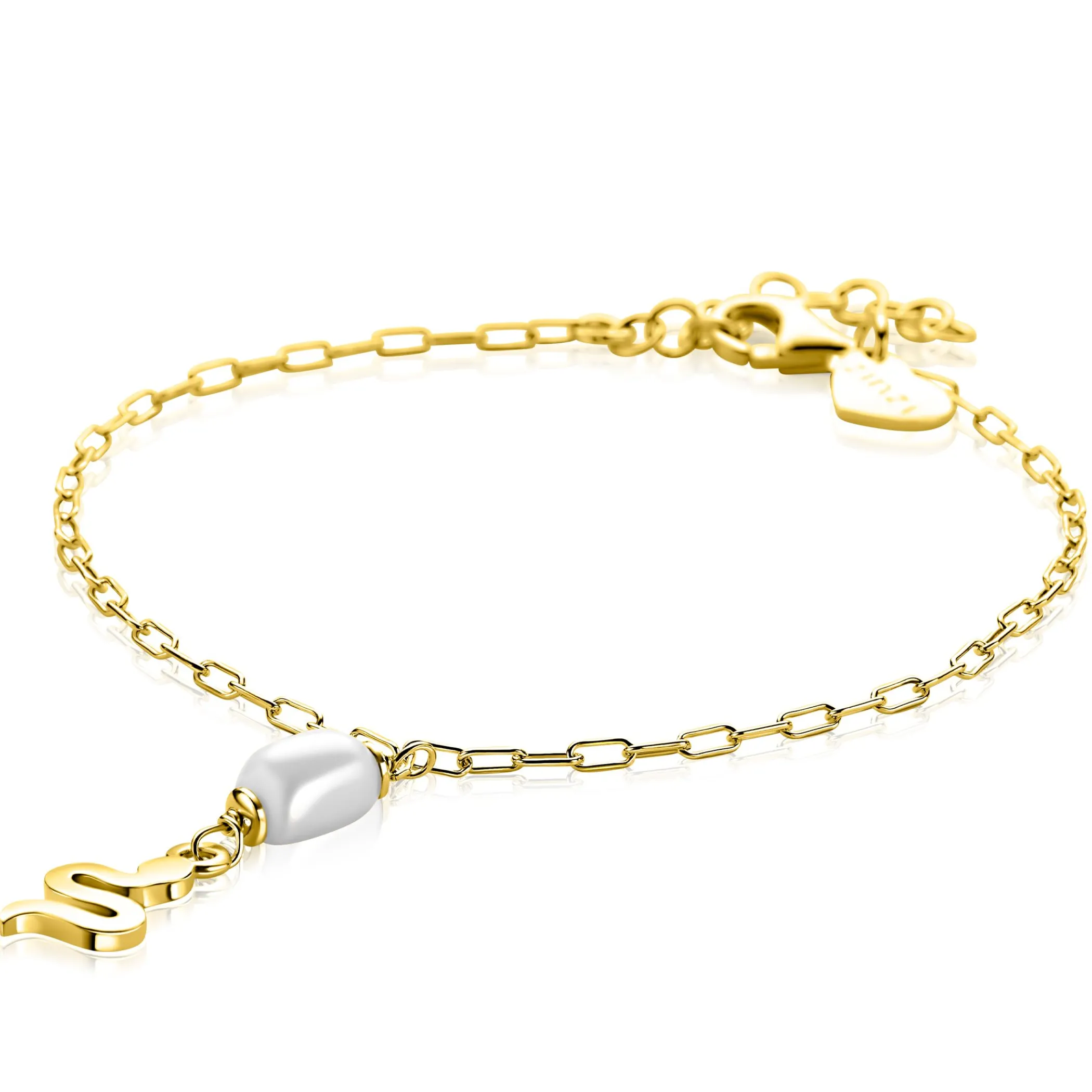Zinzi gold plated zilveren paperclip schakelarmband met witte zoetwaterparel en slang ZIA2761