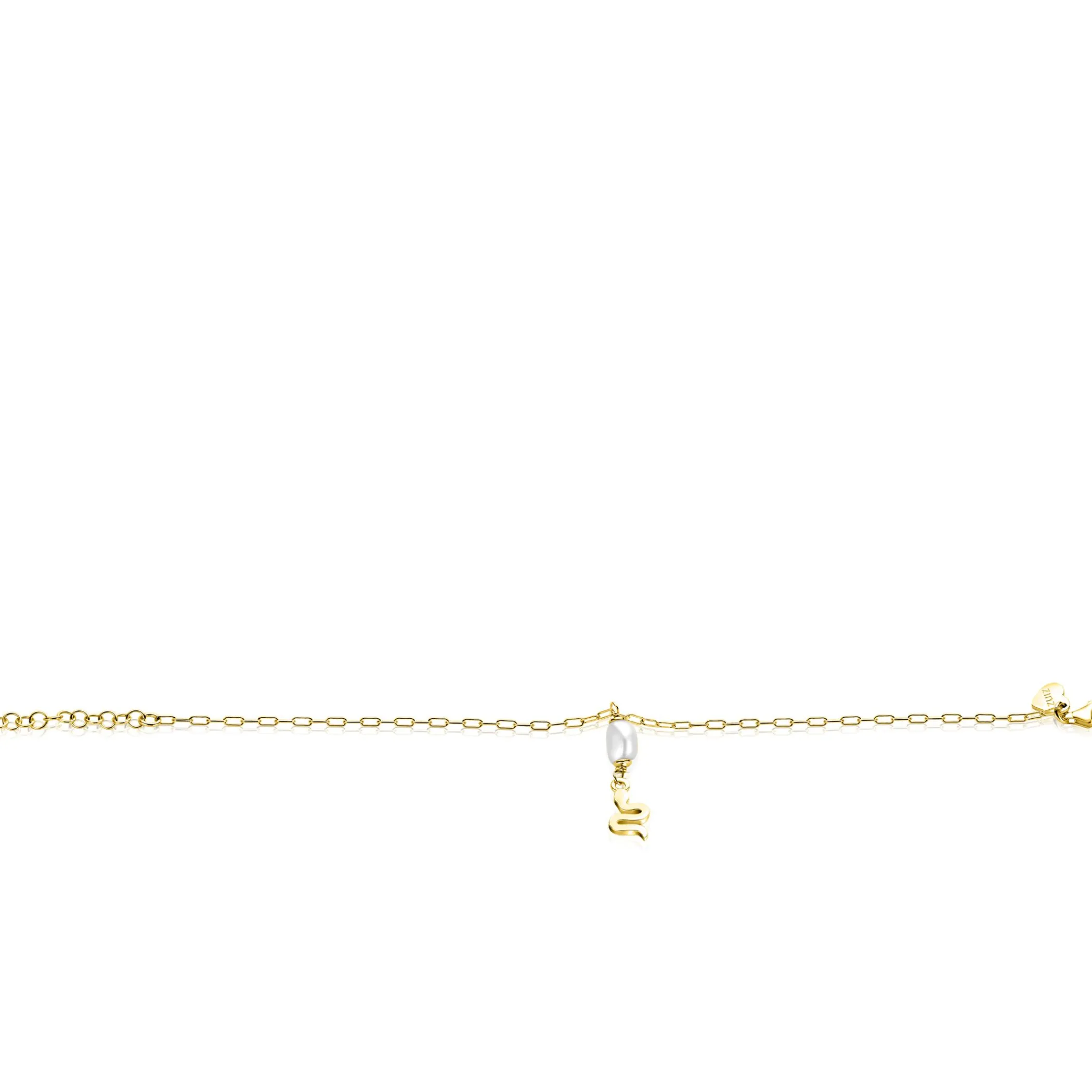 Zinzi gold plated zilveren paperclip schakelarmband met witte zoetwaterparel en slang ZIA2761