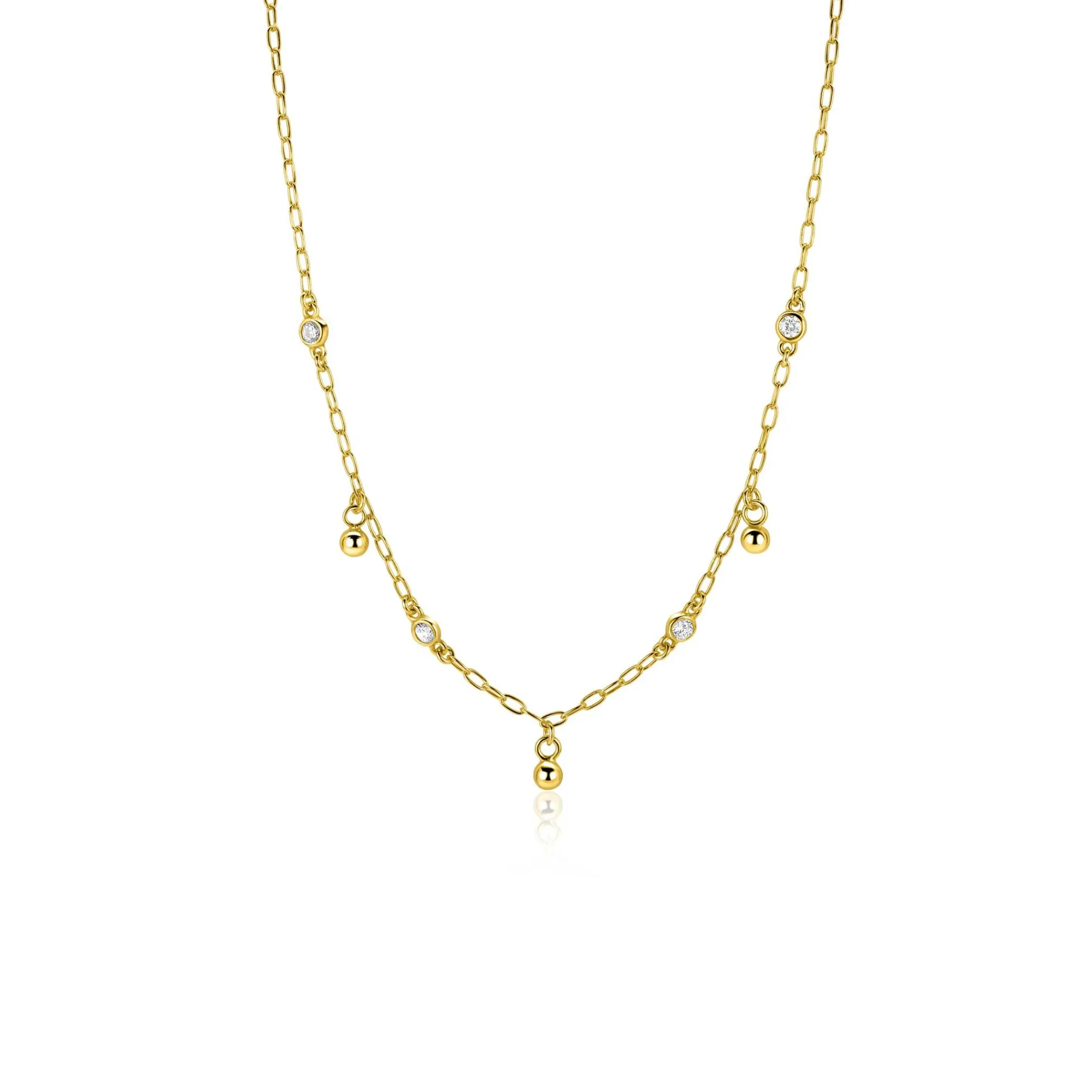 New Zinzi gold plated zilveren schakelketting met vier witte zirkonia's en 3 ronde bolletjes, gelijkmatig verdeeld over de ketting 42-45cm ZIC2658