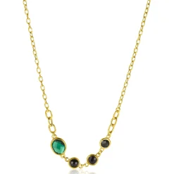 Zinzi gold plated zilveren schakel ketting 45cm met drie ronde zettingen zwart en ovale zetting groen 42-45cm ZIC2389