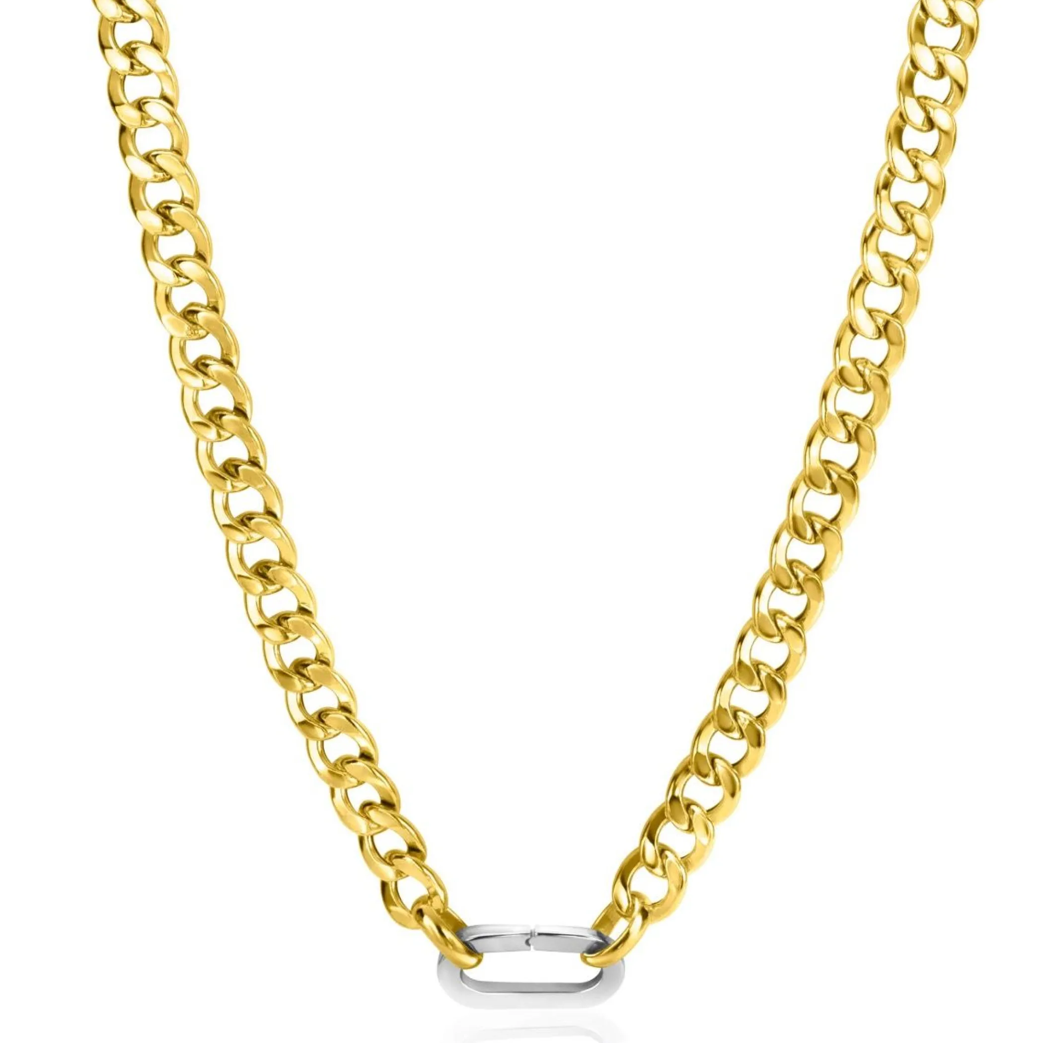 Outlet Zinzi gold plated zilveren brede gourmet ketting 42cm met zilveren ovale sluitring ZIC2378G