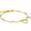 Discount Zinzi gold plated zilveren fantasie armband met 15 kleine bolletjes, twee bungelende witte pareltjes en met speelse organische open vorm in het midden 17-20cm ZIA2405
