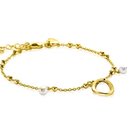 Discount Zinzi gold plated zilveren fantasie armband met 15 kleine bolletjes, twee bungelende witte pareltjes en met speelse organische open vorm in het midden 17-20cm ZIA2405