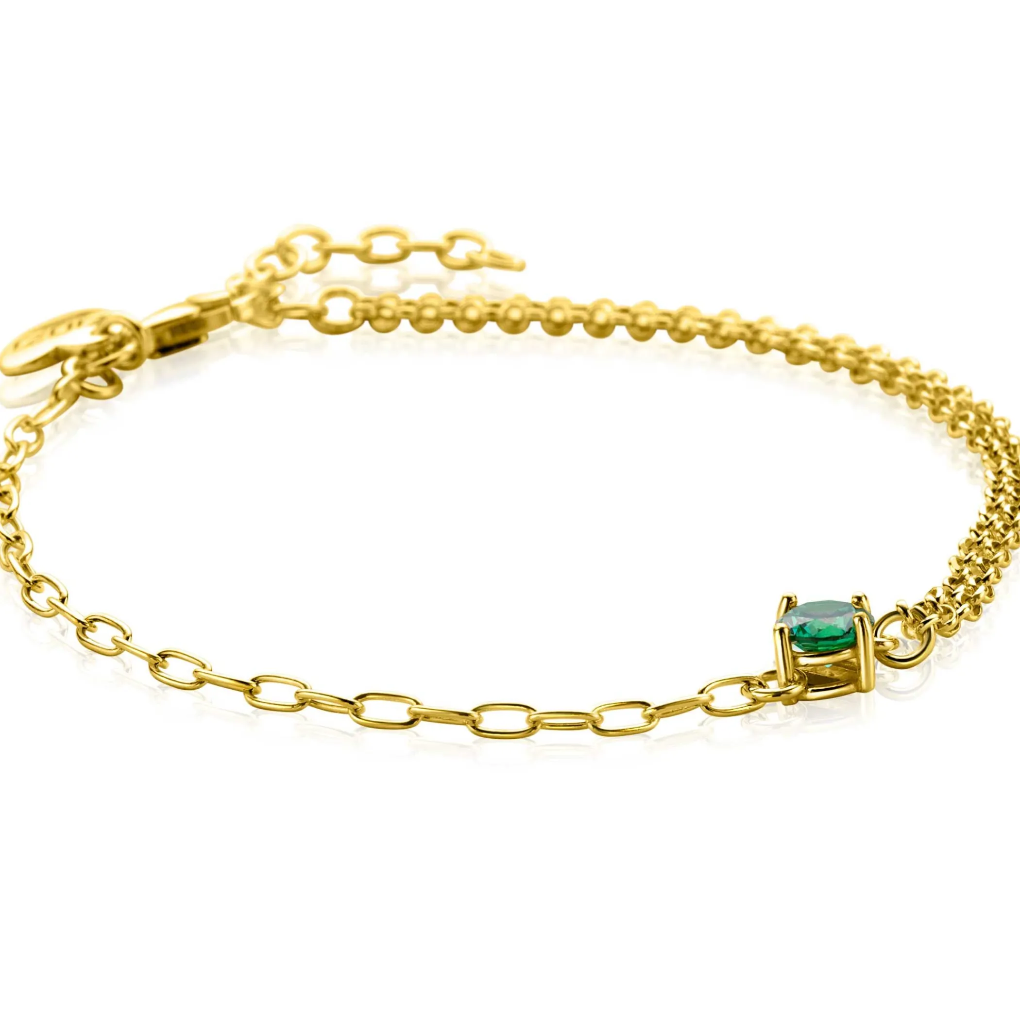 Hot Zinzi gold plated zilveren multi-look armband met ovale en jasseron schakels, met ronde groene kleursteen in vierpootszetting 17-19cm ZIA2660G