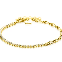 Outlet Zinzi gold plated zilveren fantasie schakel armband (2,3mm breed) waarbij de ene helft bezet is met witte zirconia's 17-20cm ZIA2460Y
