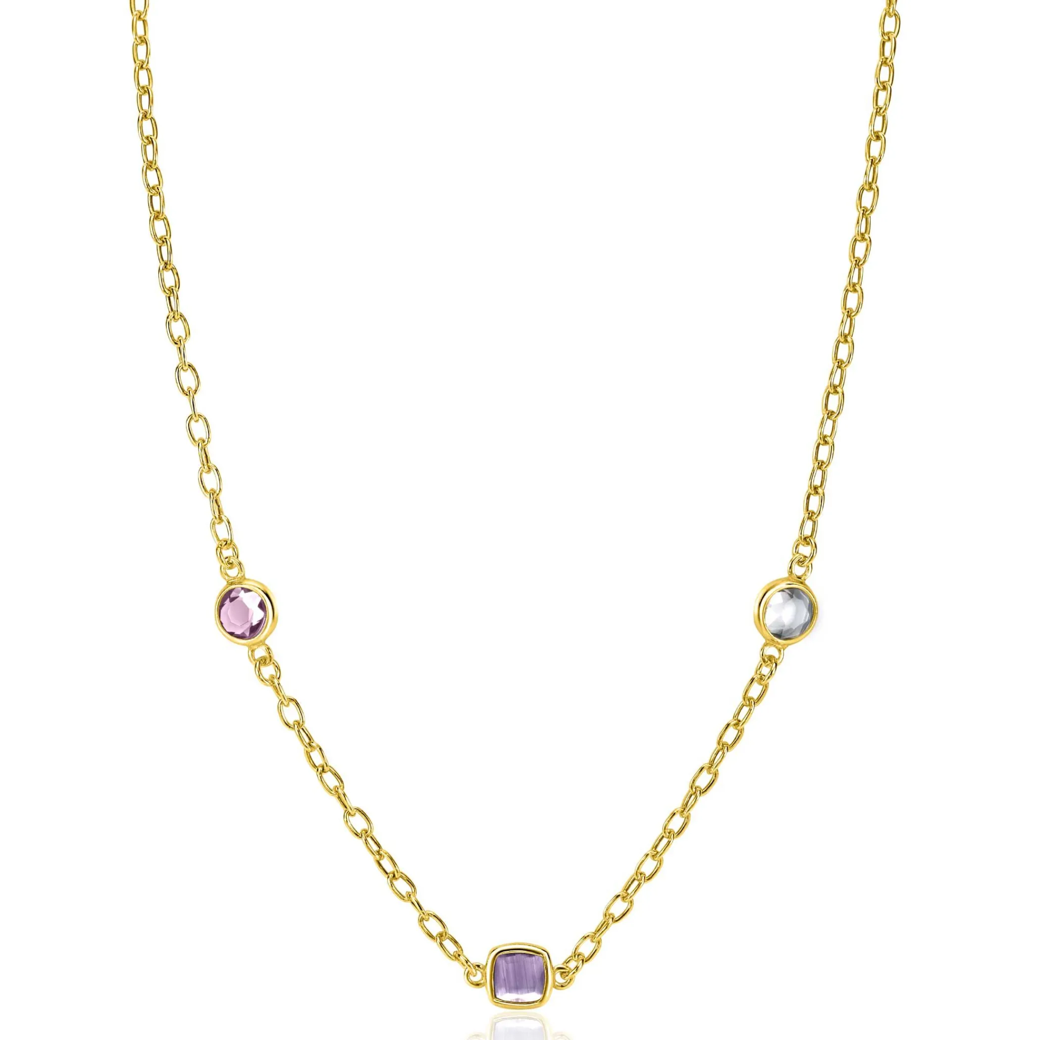 New Zinzi gold plated zilveren schakelketting met ronde en vierkante zettingen pastel en paars 42-45cm ZIC2525G
