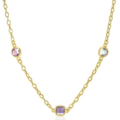 New Zinzi gold plated zilveren schakelketting met ronde en vierkante zettingen pastel en paars 42-45cm ZIC2525G