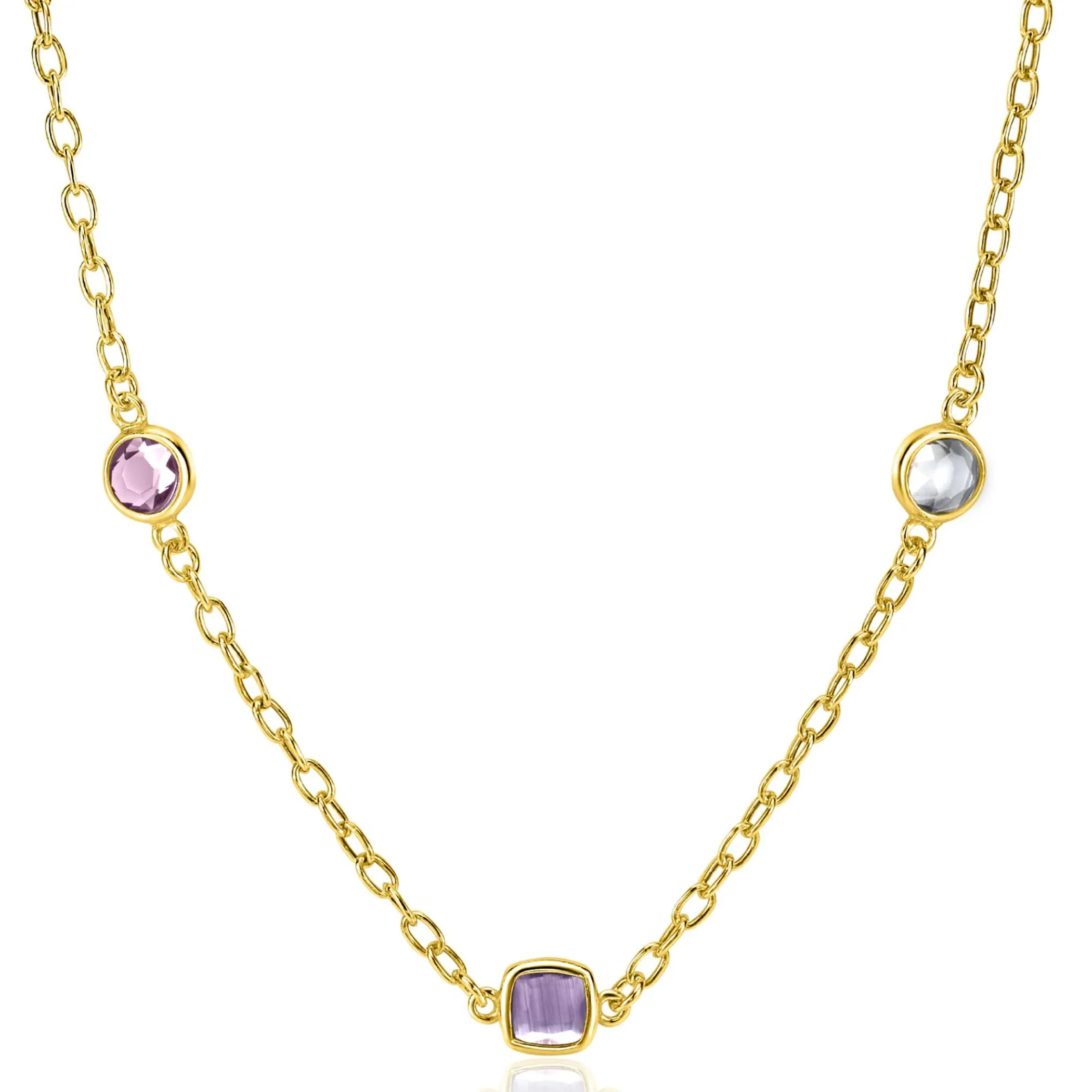 New Zinzi gold plated zilveren schakelketting met ronde en vierkante zettingen pastel en paars 42-45cm ZIC2525G