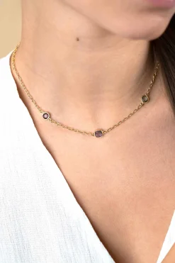 New Zinzi gold plated zilveren schakelketting met ronde en vierkante zettingen pastel en paars 42-45cm ZIC2525G