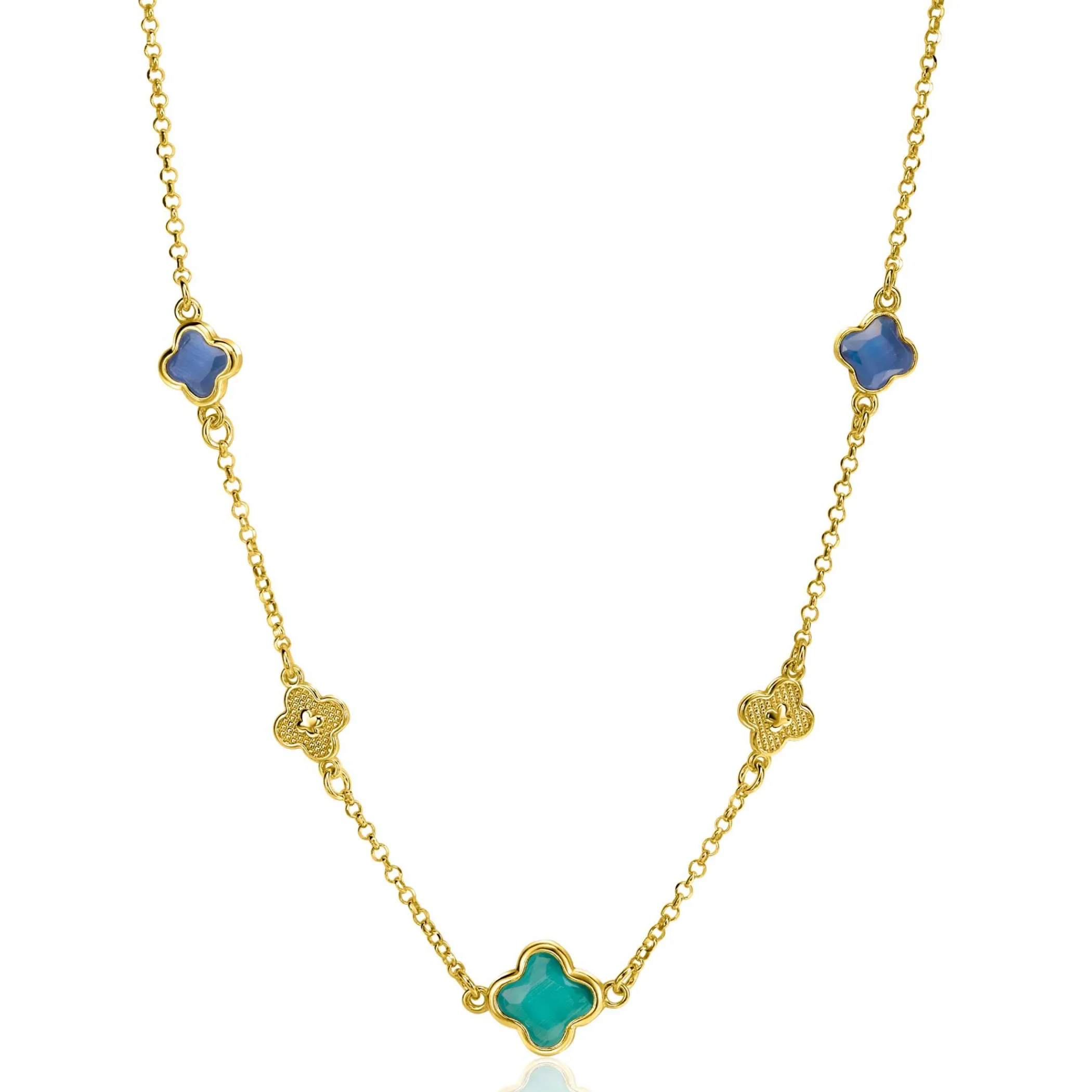 Outlet Zinzi gold plated zilveren schakel ketting met twee donkerblauwe klavers en een grotere groene klaver 40-45cm ZIC2583