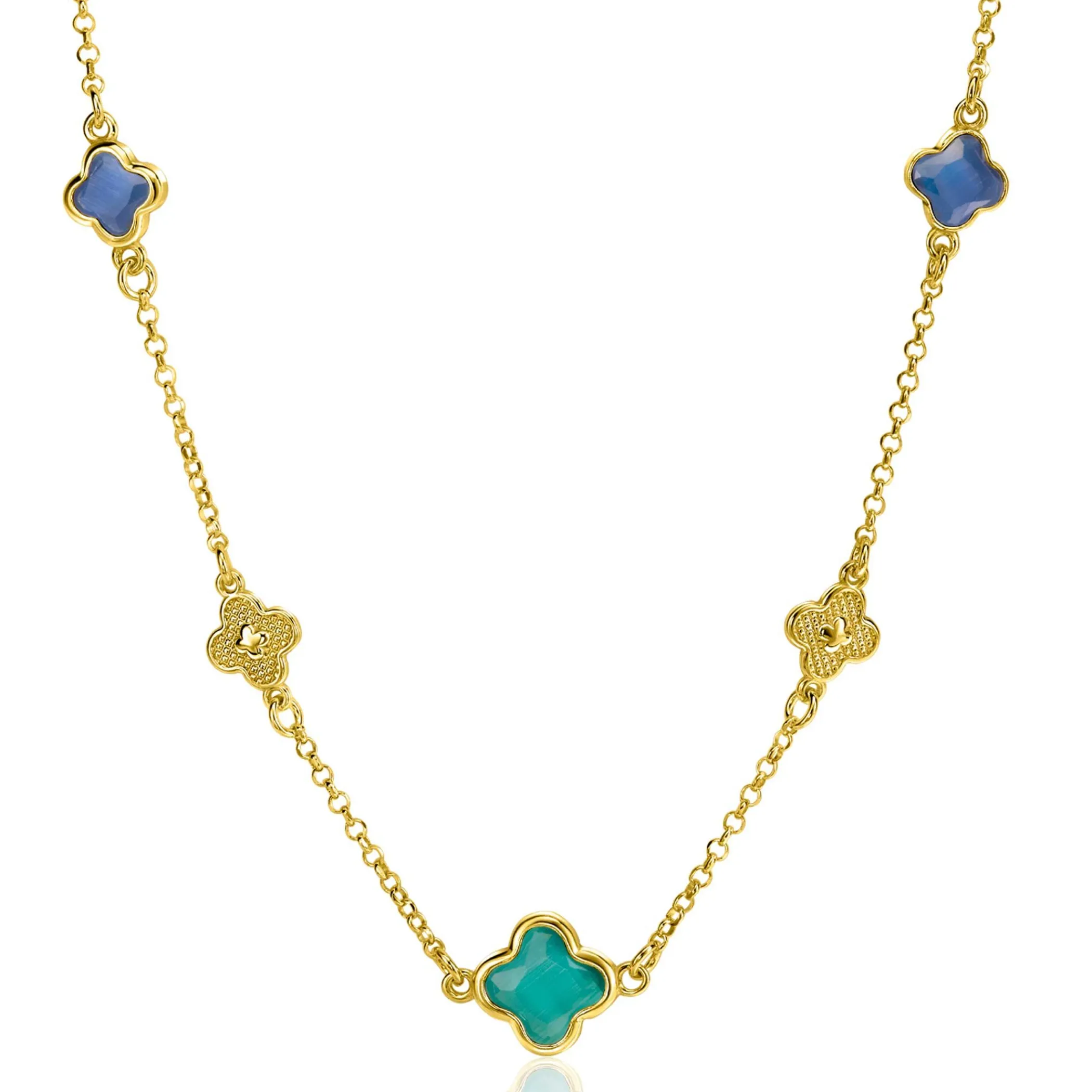 Outlet Zinzi gold plated zilveren schakel ketting met twee donkerblauwe klavers en een grotere groene klaver 40-45cm ZIC2583