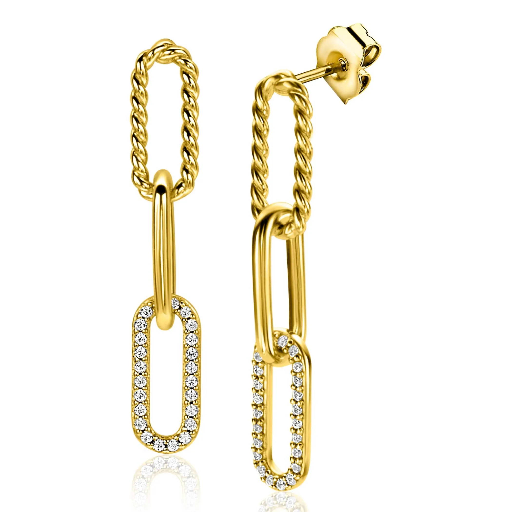 Discount Zinzi gold plated zilveren lange oorsieraden 30mm met drie paperclip schakels, glad bewerkt witte zirconia's ZIO2330Y