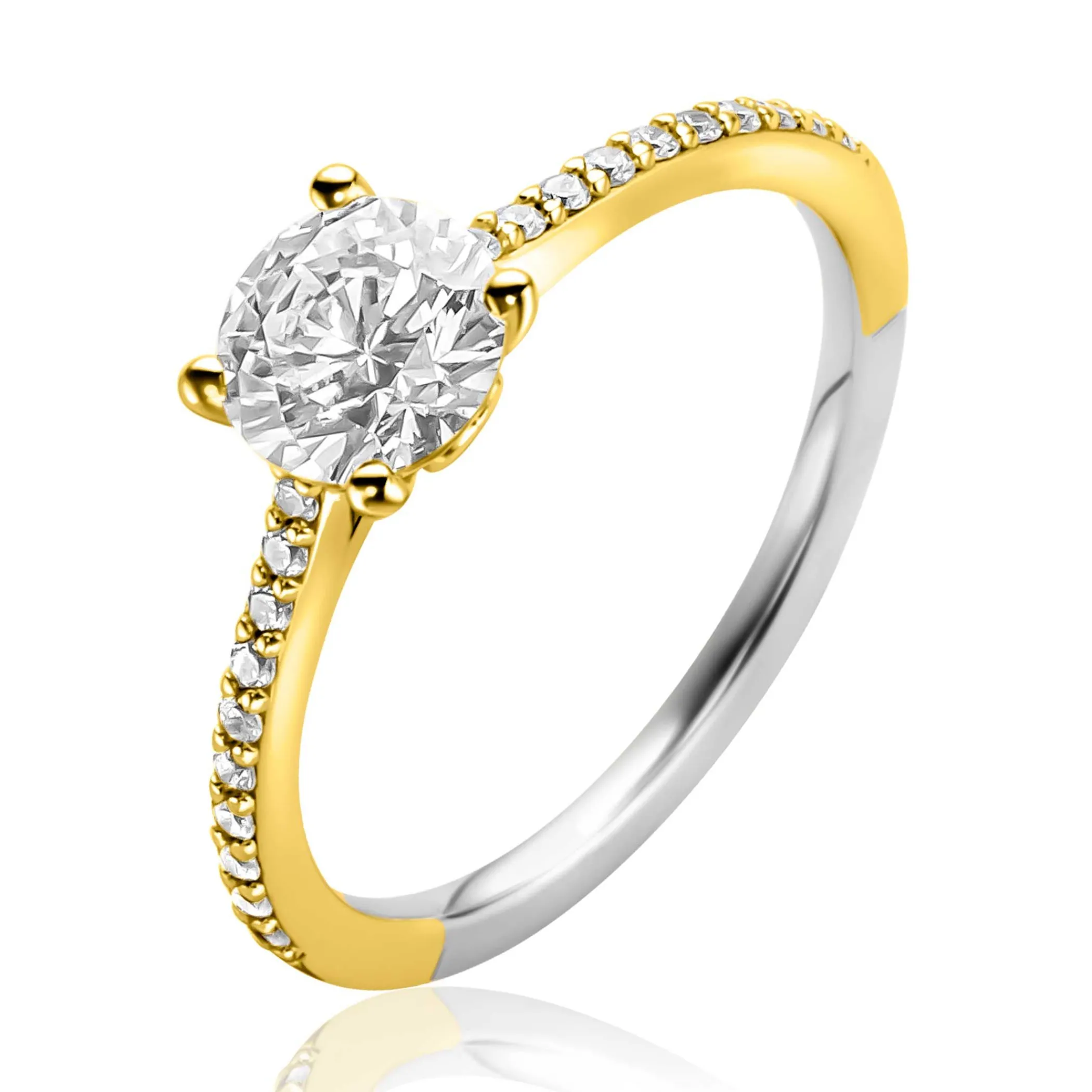 Best Zinzi gold plated zilveren verlovingsring met een grote ronde witte zirkonia (6,5mm) in vierpootszetting en klein hartje aan de zijkant ZIR2696Y