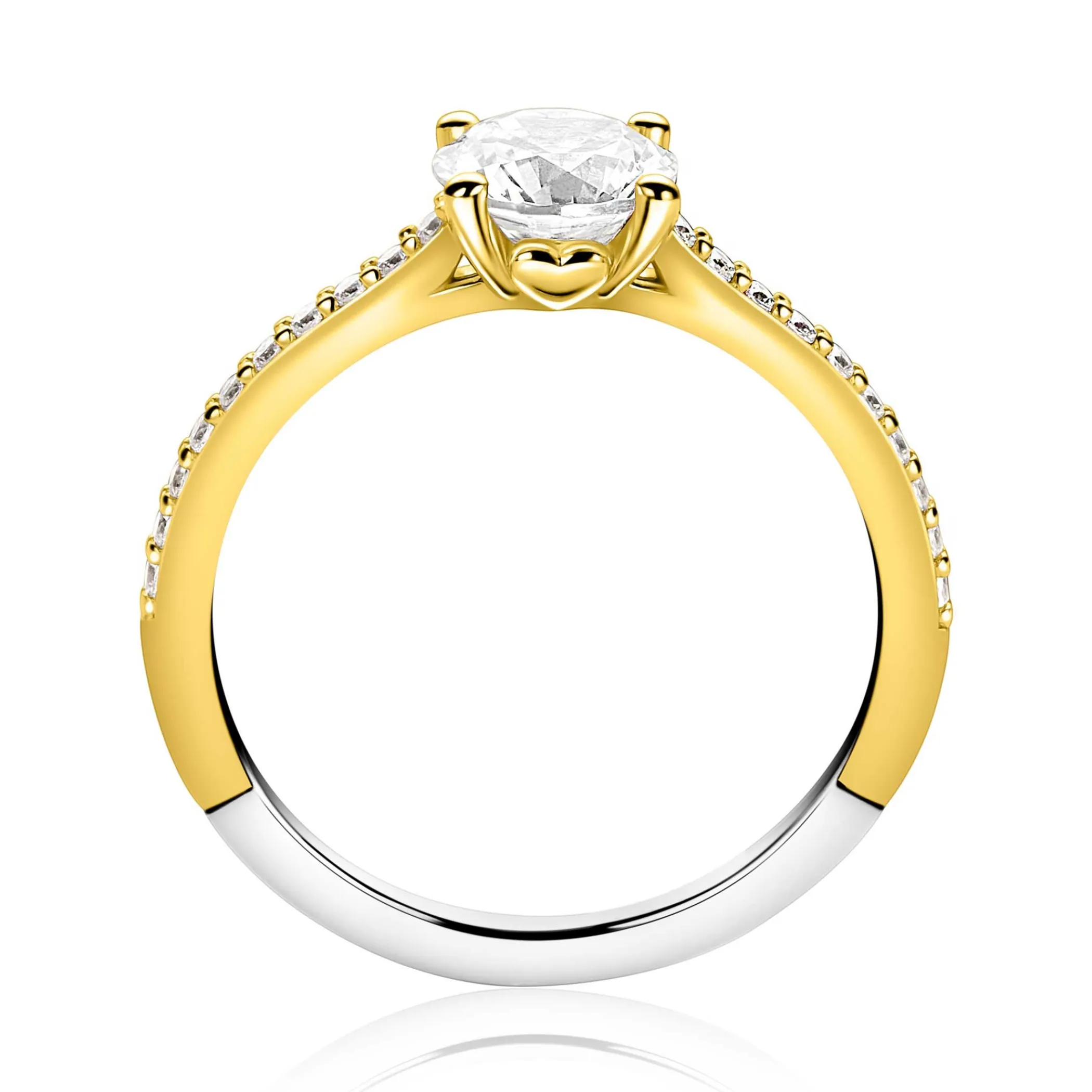 Best Zinzi gold plated zilveren verlovingsring met een grote ronde witte zirkonia (6,5mm) in vierpootszetting en klein hartje aan de zijkant ZIR2696Y