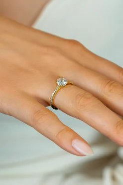 Best Zinzi gold plated zilveren verlovingsring met een grote ronde witte zirkonia (6,5mm) in vierpootszetting en klein hartje aan de zijkant ZIR2696Y