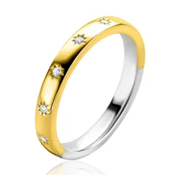 Online Zinzi gold plated zilveren aanschuifring met zeven ster-zettingen, bezet met witte zirconia's 3mm breed ZIR2491Y