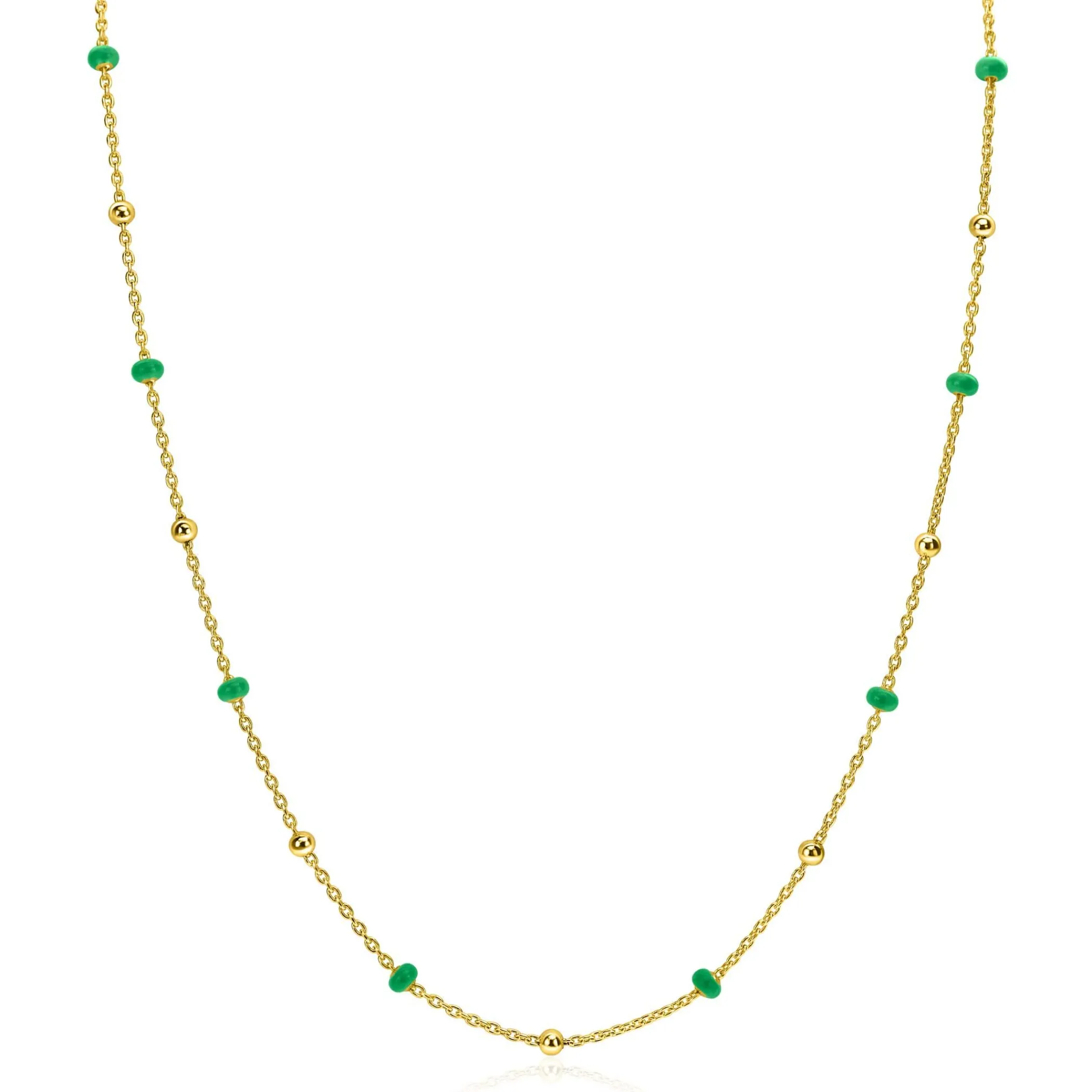 Best Zinzi gold plated zilveren fantasie ketting met 13 groene donuts en glanzende bolletjes 42-45cm ZIC2509