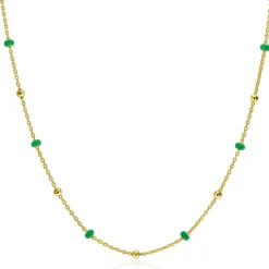 Best Zinzi gold plated zilveren fantasie ketting met 13 groene donuts en glanzende bolletjes 42-45cm ZIC2509