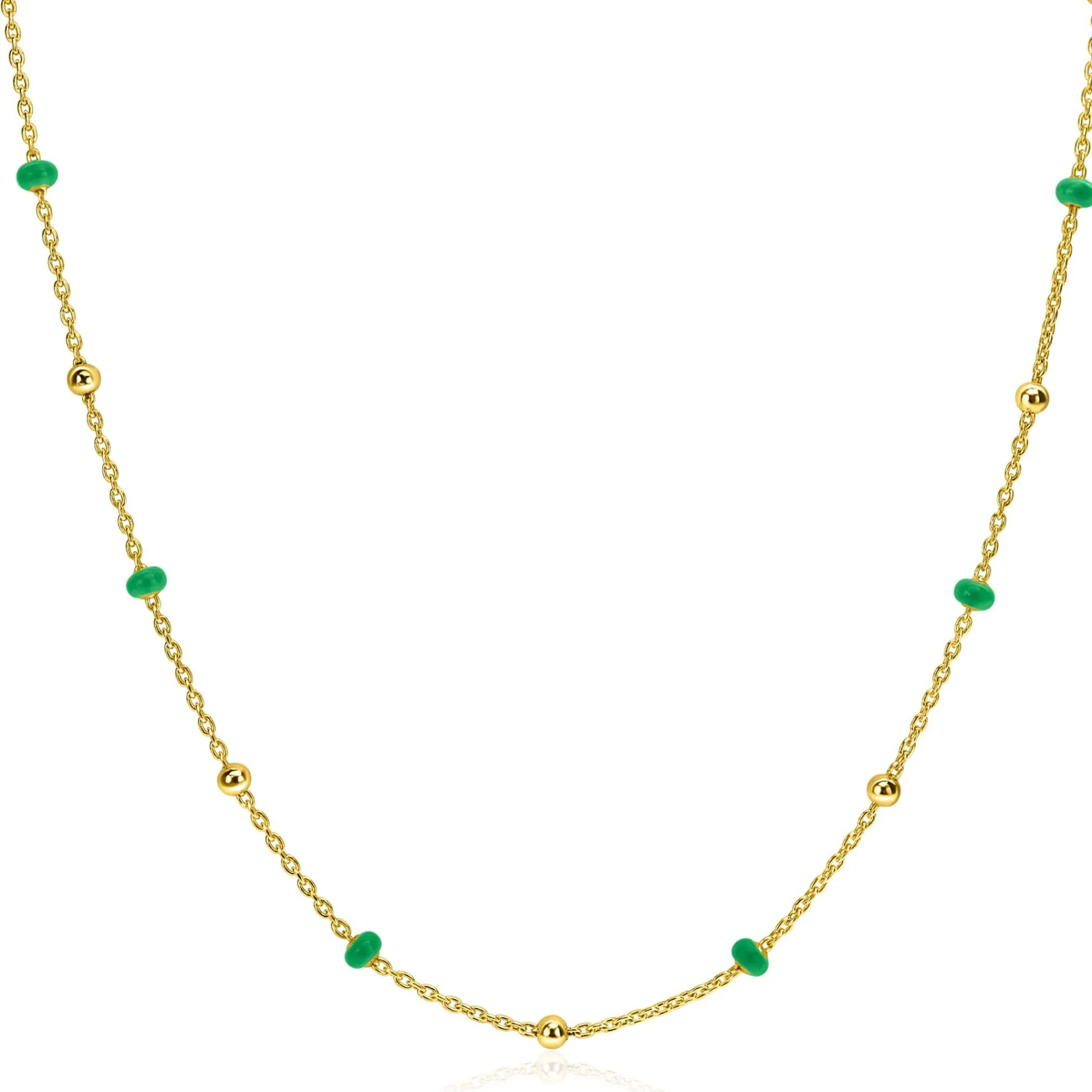 Best Zinzi gold plated zilveren fantasie ketting met 13 groene donuts en glanzende bolletjes 42-45cm ZIC2509