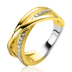 Hot Zinzi gold plated zilveren luxe cross-over ring glad met witte zirconia's ZIR1774Y
