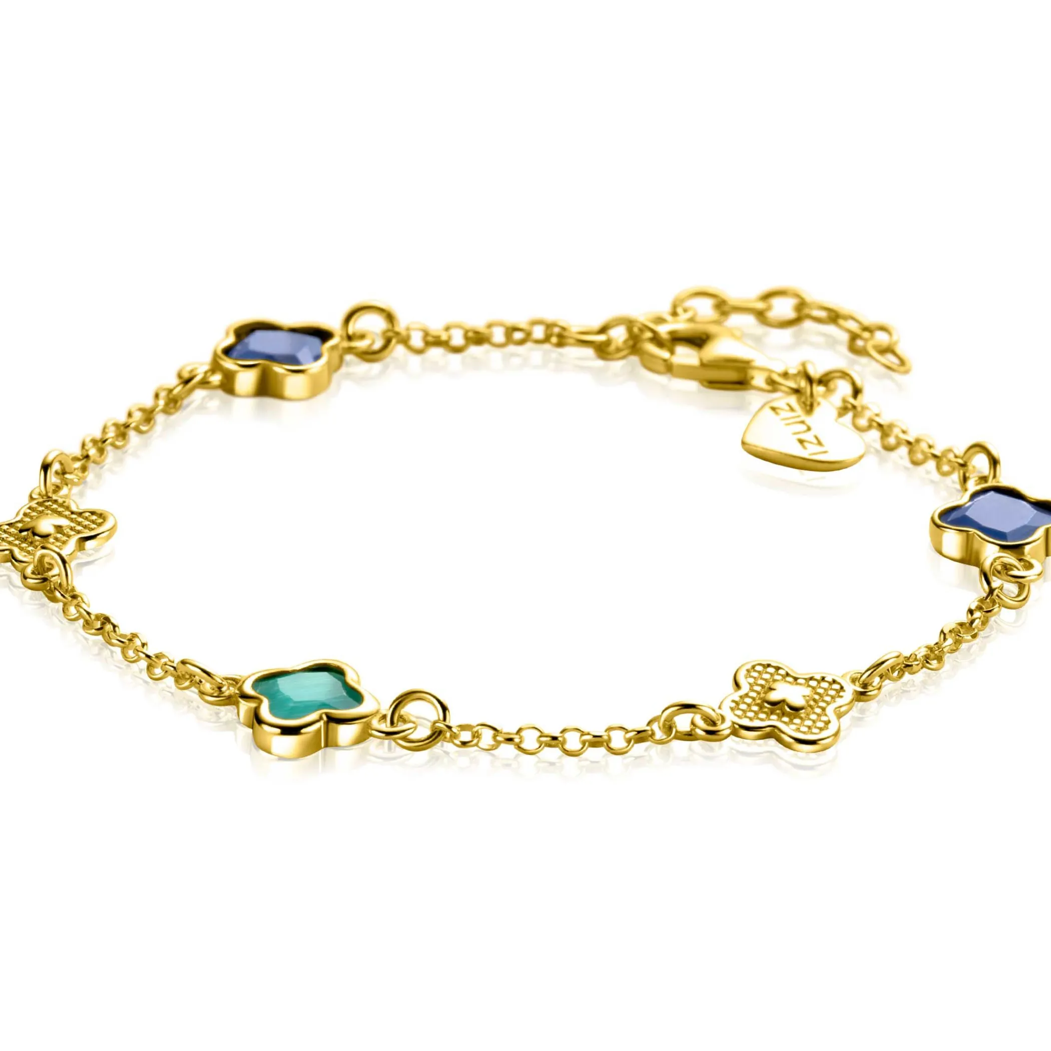 Discount Zinzi gold plated zilveren schakel armband met twee donkerblauwe klavers en een groene klaver 16-19cm ZIA2583
