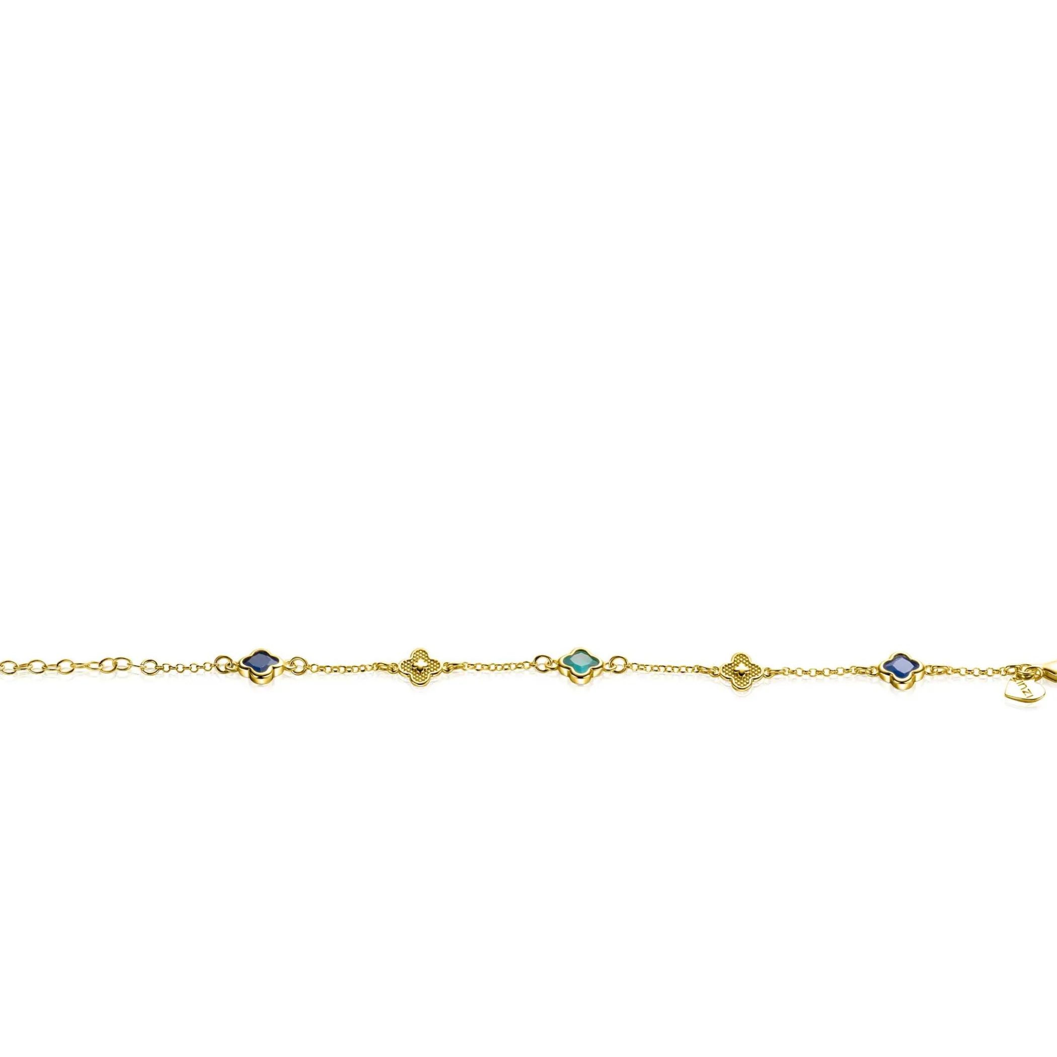 Discount Zinzi gold plated zilveren schakel armband met twee donkerblauwe klavers en een groene klaver 16-19cm ZIA2583