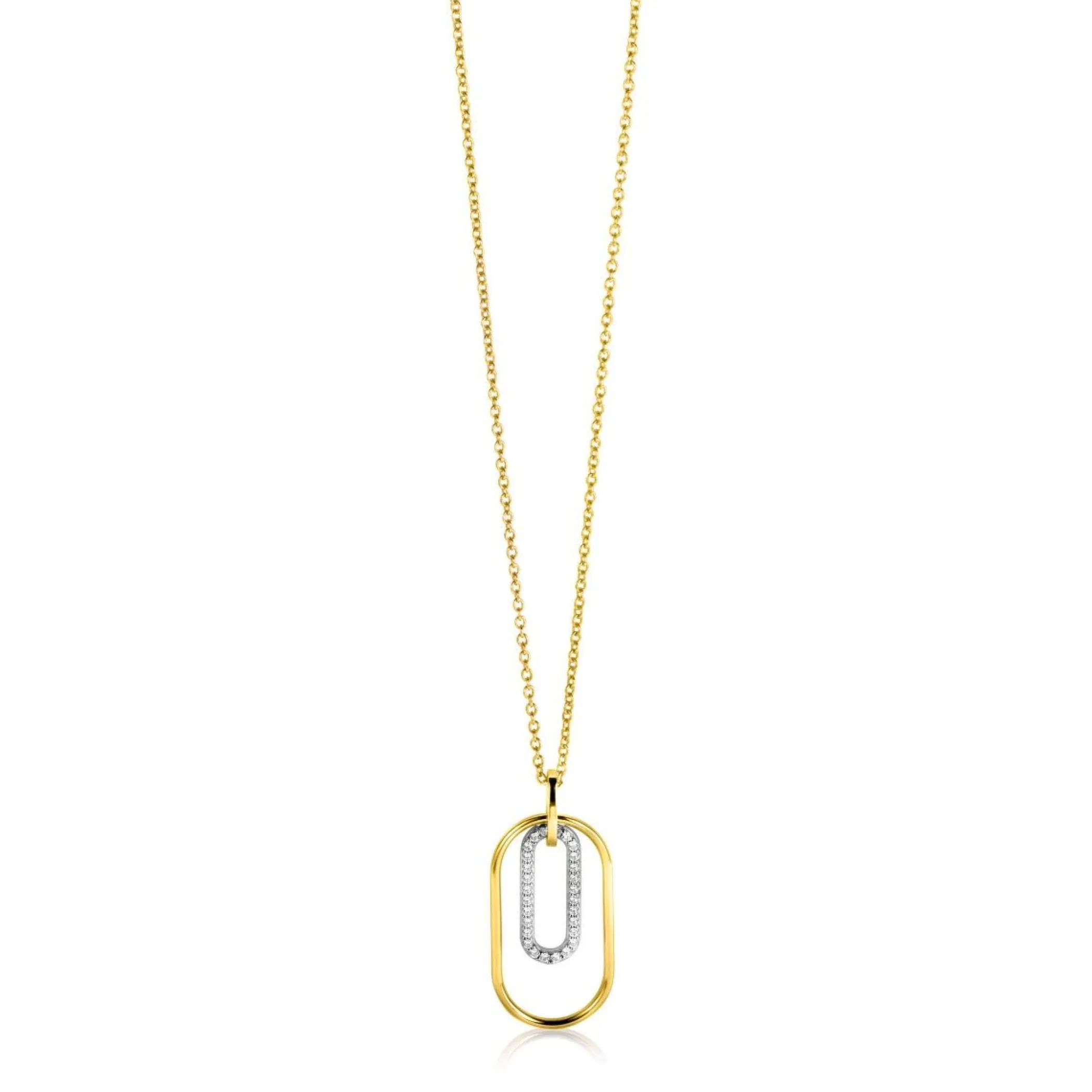 Best Zinzi gold plated zilveren ovale hanger 32mm bezet met witte zirconia's ZIH2329 (zonder collier)
