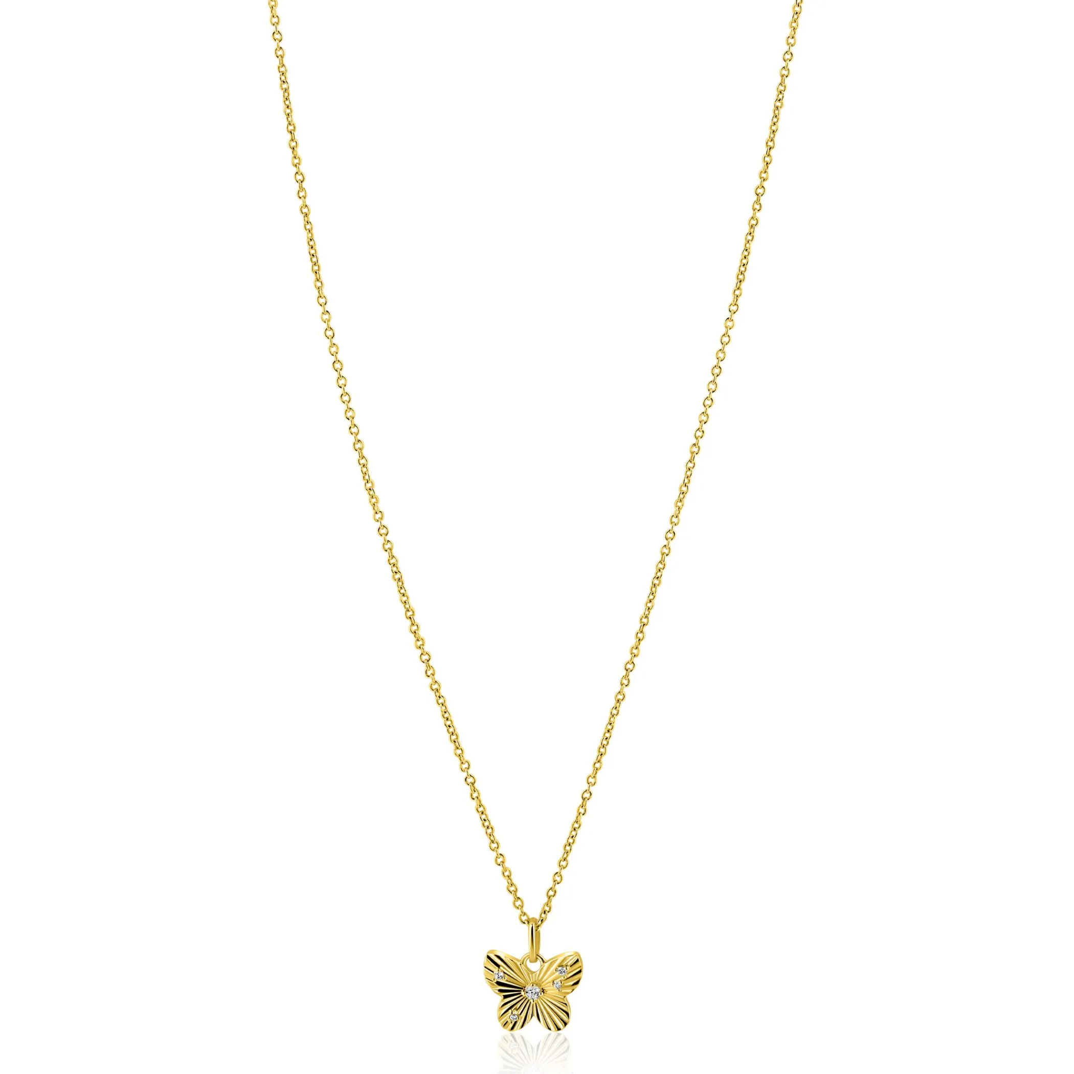 Online Zinzi gold plated zilveren ketting 42-45cm met vlinder hanger, bezet met witte zirkonia's ZIC2742