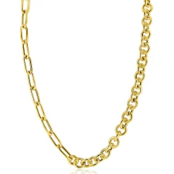 Outlet Zinzi gold plated zilveren ketting 45cm met twee stoere schakels gecombineerd: jasseron en ovale schakels (8,5mm breed) ZIC2477G