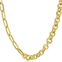 Outlet Zinzi gold plated zilveren ketting 45cm met twee stoere schakels gecombineerd: jasseron en ovale schakels (8,5mm breed) ZIC2477G