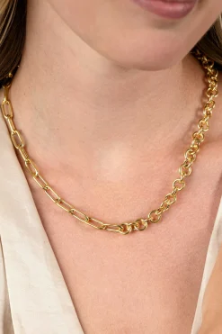 Outlet Zinzi gold plated zilveren ketting 45cm met twee stoere schakels gecombineerd: jasseron en ovale schakels (8,5mm breed) ZIC2477G