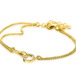 Online Zinzi gold plated zilveren multi-look armband met twee kettinkjes, verbonden aan een ovale schakel en open rondje bezet met witte zirconia's 17-20cm ZIA2463Y