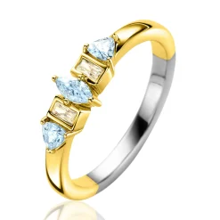 Zinzi gold plated zilveren ring met zettingen in peer, rechthoek en driehoeksvorm bezet met lichtblauwe en champagne kleurstenen ZIR2630B