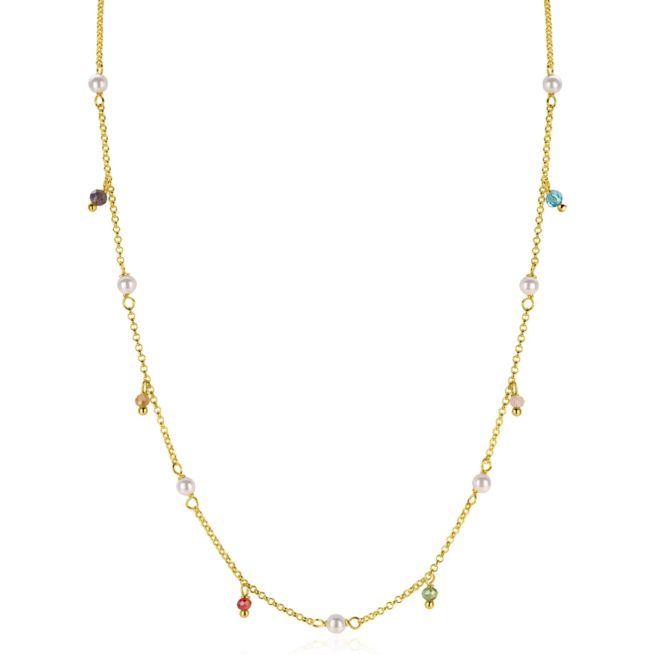 Hot Zinzi gold plated zilveren ketting met witte parels en bungelende beads (5,5 mm) in frisse kleuren 42-45cm ZIC2705G