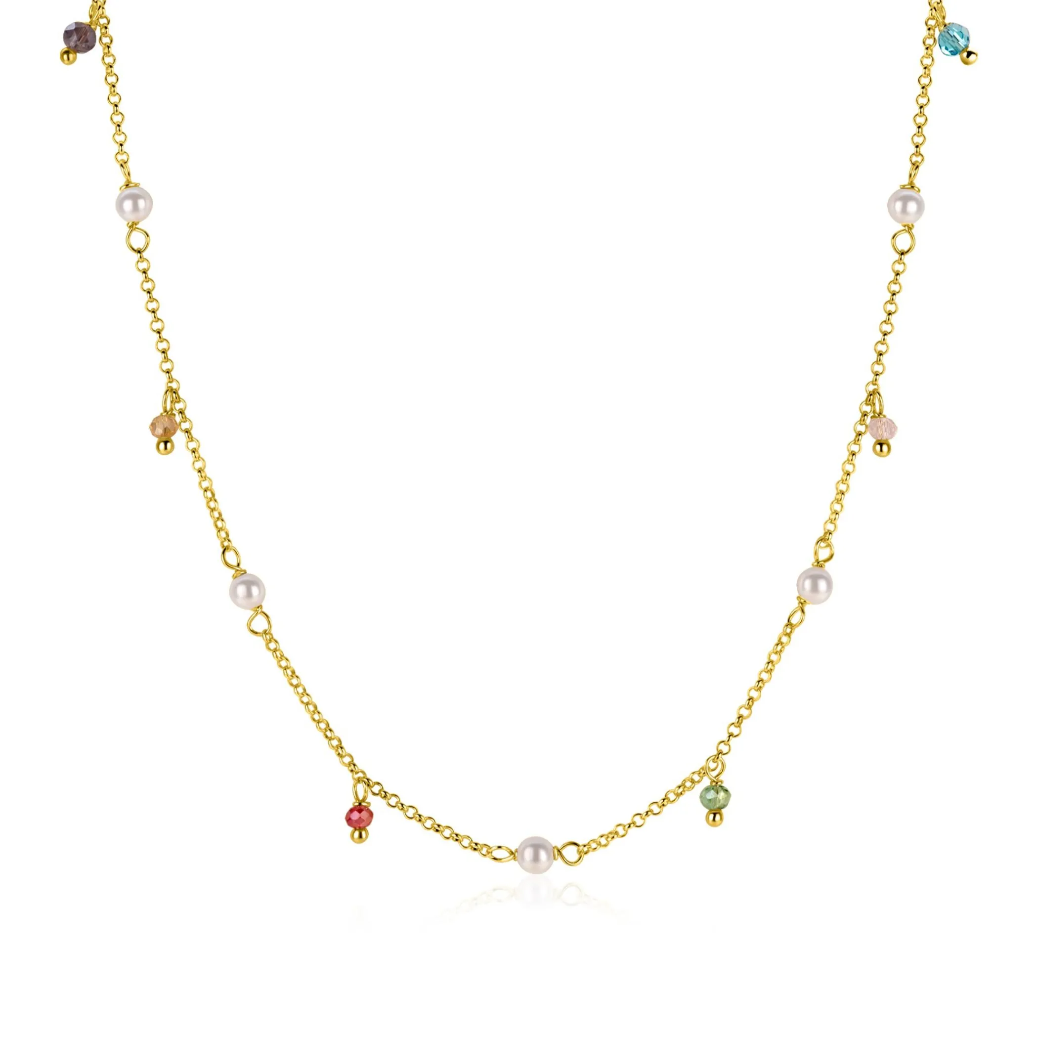 Hot Zinzi gold plated zilveren ketting met witte parels en bungelende beads (5,5 mm) in frisse kleuren 42-45cm ZIC2705G