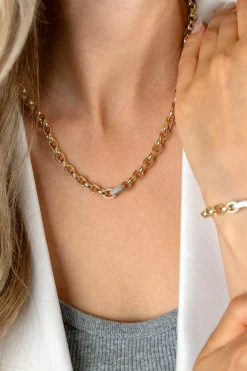 Best Zinzi gold plated zilveren schakel ketting met een ronde schakel bezet met witte zirkonia's 6mm breed 45cm ZIC2664