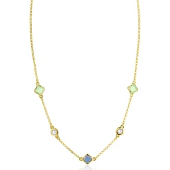 Clearance Zinzi gold plated zilveren schakelketting met twee mintgroene klavers en een blauwe klaver 40-45cm ZIC2763