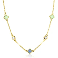 Clearance Zinzi gold plated zilveren schakelketting met twee mintgroene klavers en een blauwe klaver 40-45cm ZIC2763
