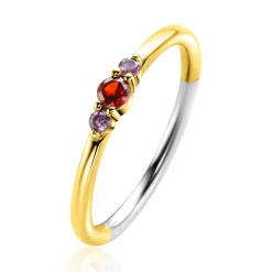 Clearance Zinzi gold plated zilveren ring met ronde chatonzettingen rood granaat en paarse kleurstenen 3mm breed ZIR2563