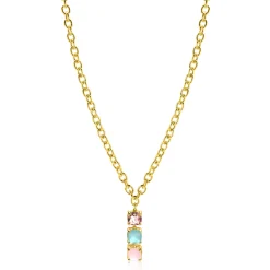 Online Zinzi gold plated zilveren schakel ketting 43-45cm met luxe hanger (30mm) van drie vierkante zettingen bezet met roze en turquoise kleurstenen ZIC2454