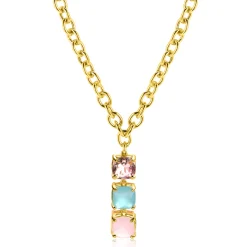 Online Zinzi gold plated zilveren schakel ketting 43-45cm met luxe hanger (30mm) van drie vierkante zettingen bezet met roze en turquoise kleurstenen ZIC2454