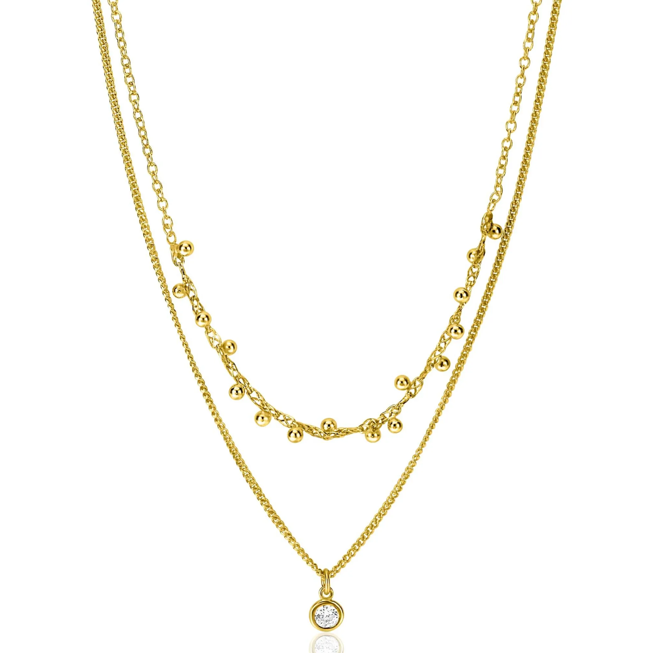Clearance Zinzi gold plated zilveren multilook ketting met ronde zetting witte zirconia en 16 bolletjes 39-42cm ZIC2520Y