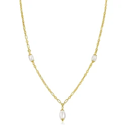 Outlet Zinzi gold plated zilveren schakelketting met drie ovale witte zoetwaterparels 40-45cm ZIC2588