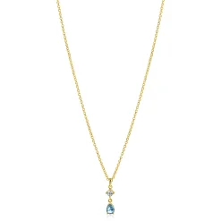 Outlet Zinzi gold plated zilveren ketting 42-45cm met luxe peervormige hanger met lichtblauwe kleursteen en witte zirkonia ZIC2744