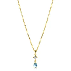 Outlet Zinzi gold plated zilveren ketting 42-45cm met luxe peervormige hanger met lichtblauwe kleursteen en witte zirkonia ZIC2744