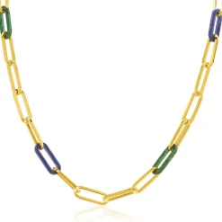 Online Zinzi gold plated zilveren ketting 45cm met paperclip-schakels en trendy schakels in lapisblauw en malachietgroen ZIC2455